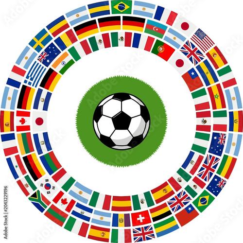 Soccer ball on green grass within a circle of diverse national flags during competition vector illustration