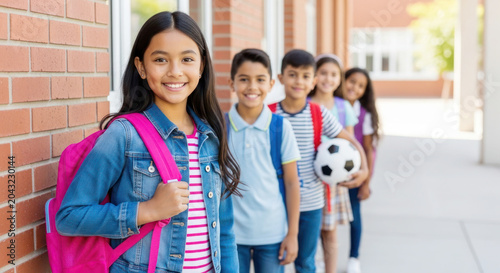 Group of diverse children with backpacks standing in line outside school building, smiling and holding a soccer ball in bright daylight