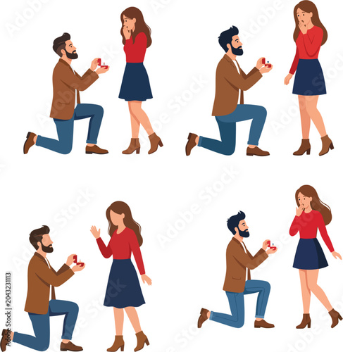 Foto Man kneeling and proposing to woman vector cartoon set with romantic marriage pr