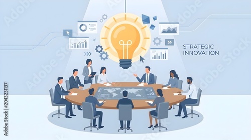 Strategic Innovation Business Meeting with Global Team and Data Charts