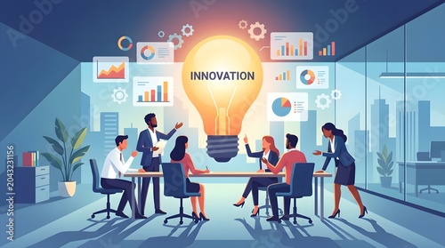 Business Team Collaborating Around Innovation Light Bulb in Office Meeting
