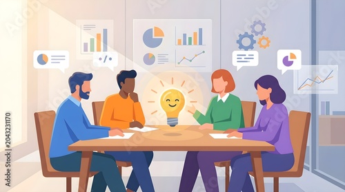 Brainstorming Diverse Team Meeting with Lightbulb Idea Concept