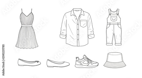 Fashion sketch of clothing items and accessories, set of apparel flat lay