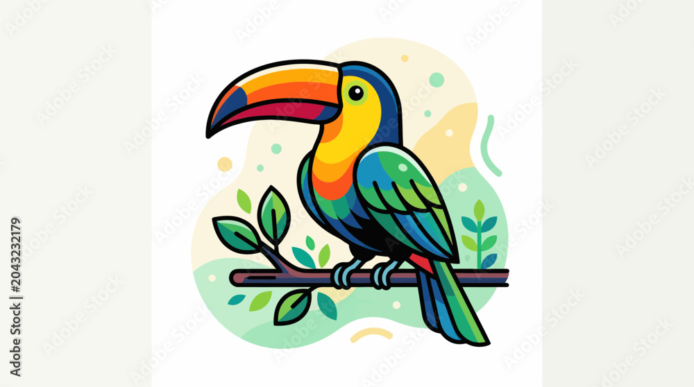 Fototapeta premium Colorful Toucan Bird Sitting on Branch, Tropical Wildlife Illustration