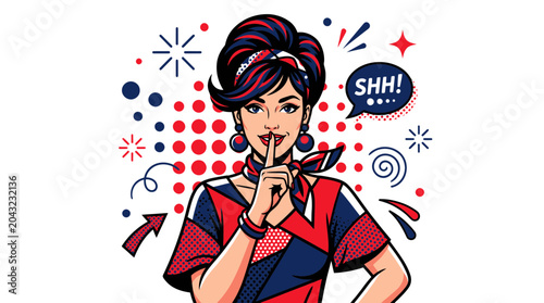 Tableau sur toile Woman Shushing, Secret, Pop Art Style, Red Blue White Colors