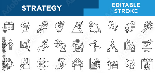 Strategy line icons set with planning, strategy, strategic leadership, vision, strategic plan concepts. Editable stroke vector collection. 