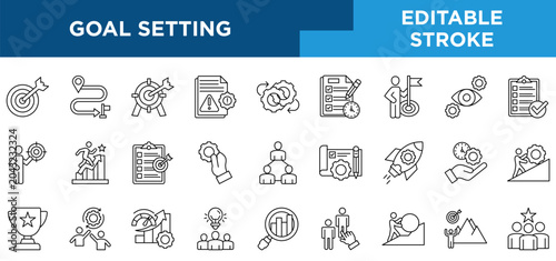 Goal setting line icons set with goal, target, planning, roadmap, risk management, life mission, and analysis concepts. Editable stroke vector collection. 