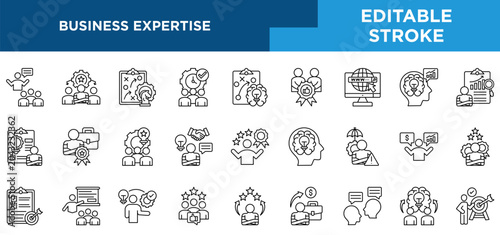 Fotografie Business expertise line icons set with coaching, leadership, strategic planning, efficiency, and goal setting concepts