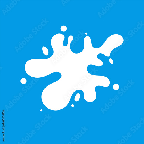 Minimal white liquid splash on blue background. Abstract milk splatter icon in clean flat design style.