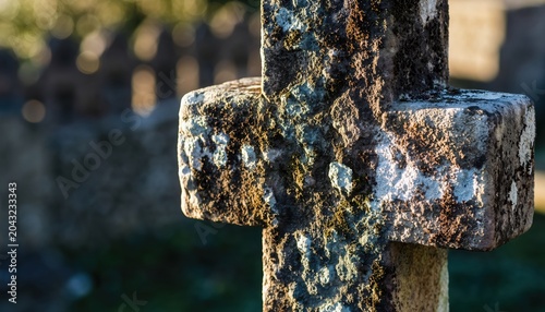 Ancient Stone Cross Covered in Moss and Lichen in a Graveyard.