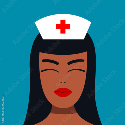 Minimalist black nurse portrait with medical cap and red cross. Flat healthcare worker avatar in modern geometric style.