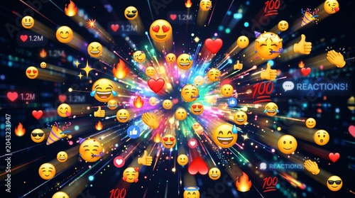 Colorful emoji reactions flying through digital social media space with likes hearts and engagement for World Emoji Day