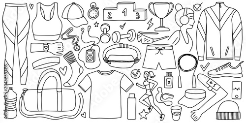 Hand drawn running set vector illustration. Marathon Runner's Kit doodle. Sports uniform, sneakers, podium, medal, cap, player