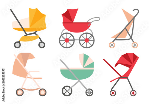 Baby strollers set. Flat vector set of cradles and walking strollers