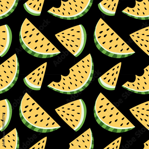 Yellow slices of watermelon in black background. Flat yellow watermelon pattern