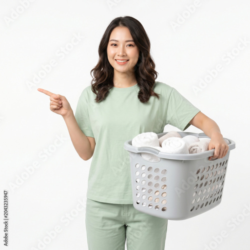 Smiling Asian Woman Holding Basket of Rolled Towels and Pointing to Copy Space