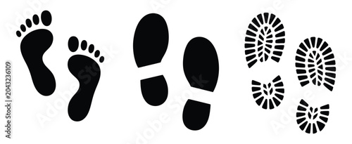 Shoe and Barefoot Footprint Set featuring shoe sole prints and bare foot impressions illustration, walking track marks, human step imprints, vector design elements for footprint concept graphics