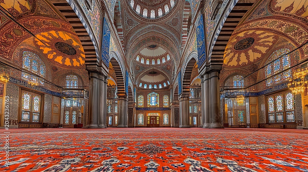 Obraz premium Grand Interior of Blue Mosque with Istanbul, and Turkey Stunning Islamic Architecture.