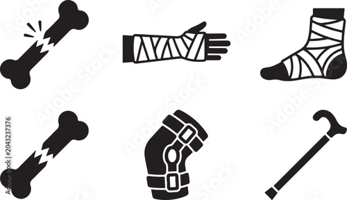 Medical injury icons showing fractures and supports