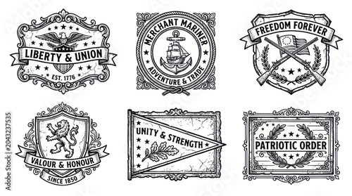Foto Vintage American Emblems & Badges: Liberty, Freedom, Patriotism, Maritime, Valou