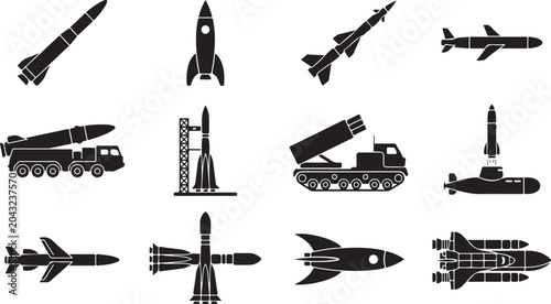 Photos Black and white military missiles and launchers set
