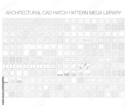 Architectural CAD hatch pattern mega library, professional technical drawing textures, seamless construction material swatches for blueprints