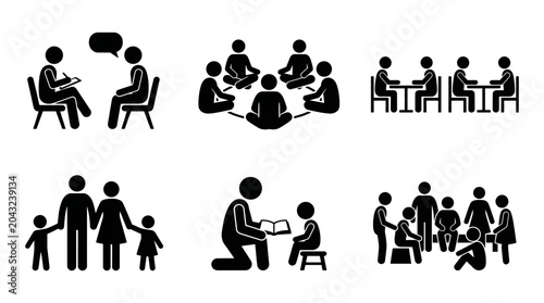 Set of people icons, group of people, family, meeting, business, communication, social interaction, vector illustration
