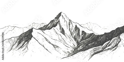 Hand drawn ink sketch of high mountain peaks landscape