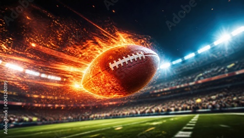 American football soaring through night stadium air engulfed in dynamic orange flames and glowing sparks captures high energy sports competition intensity