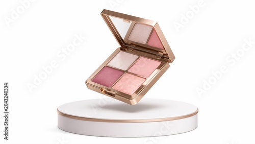 Floating Rose Gold Blush Palette Hovering Over Minimalist Circular Podium Displaying Elegant Shimmering Makeup Powders For Premium Beauty Branding