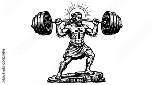 Εκτύπωση καμβά Mythic strongman lifting a heavy barbell, blending classical sculpture style wit