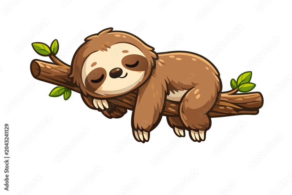Fototapeta premium Cute sleeping sloth vector illustration resting on a tree branch with green leaves, isolated on transparent background for animal and nature designs