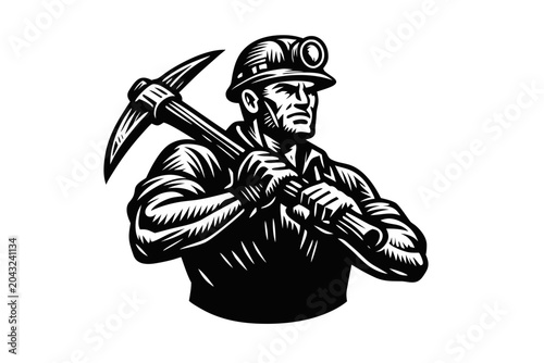 Black and white vector illustration of a miner holding a pickaxe, isolated on transparent background, bold vintage industrial labor emblem