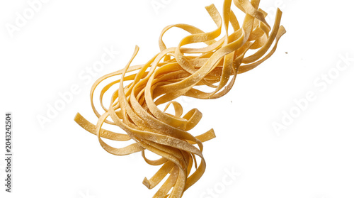 Fresh fettuccine pasta flying in mid-air, golden egg noodles falling, traditional Italian tagliatelle ribbons for culinary advertising isolated PNG with Transparent Background