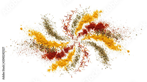 Aromatic spice explosion in spiral motion, colorful seasoning powder swirl, vibrant culinary herbs and ground spices for cooking and food design isolated PNG with Transparent Background