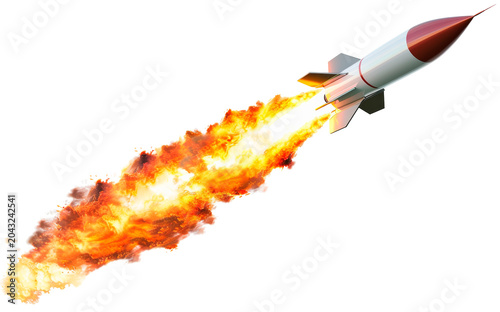 Rocket launches with flames and exhaust trail in clear space