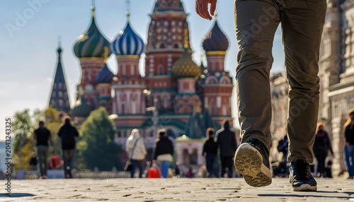 Walking towards St. Basils Cathedral in Red Square, Moscow.