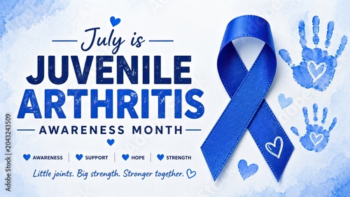 Fotografía Juvenile arthritis awareness month illustration with blue ribbon and child handprints