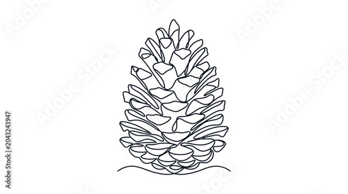 Continuous one line drawing of a pine cone isolated on white background.