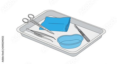 Tableau sur toile Medical Instruments on Tray: Surgical Tools, Forceps, Scissors, Scalpel, Blue Ga