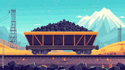Coal cart on rails carries black ore across a desert with distant peaks in view