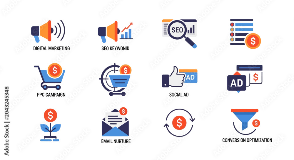 Fototapeta premium Digital Marketing Icons: SEO, PPC, Social Media, Email, Conversion Optimization