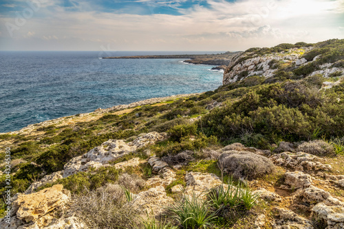 Rocky hill slope covered with green shrubs and wild vegetation on coastal shore of Cape Greco. Scenic marine landscape and blue sea under cloudy sky. Ayia Napa, Cyprus.