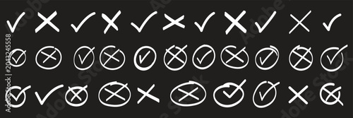 Hand drawn check and cross icons set in circle and square outline checklist marks vector illustration. Check tick mark icon set. Cross box x check mark checkbox v list vector draw hand drawn sketch