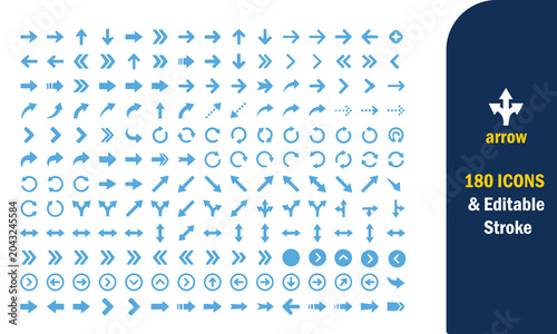 Cuadro en lienzo Set of 180 blue vector arrow icons with editable stroke for graphic design