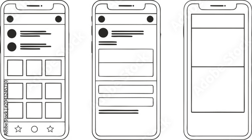 Mobile app wireframe kit with three smartphone screens showing U I layouts and UI UX user interface