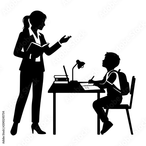 Canvastavla Teacher instructing a student at a desk with a lamp and books, silhouette
