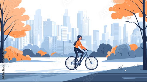 A cyclist rides through a peaceful park, with a blue city skyline in autumn tones