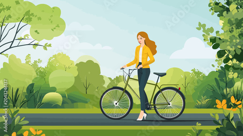 A woman in a yellow jacket stands beside a bicycle on a sunny park road, serene