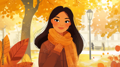 Bright autumn scene a girl with a scarf smiles beneath golden trees. in autumn
